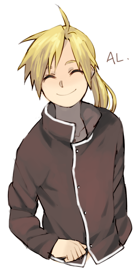 1boy ^_^ alphonse_elric antenna_hair black_shirt blonde_hair character_name clenched_hand closed_eyes conqueror_of_shambala fullmetal_alchemist happy long_hair long_sleeves male_focus ponytail shirt simple_background smile upper_body white_background