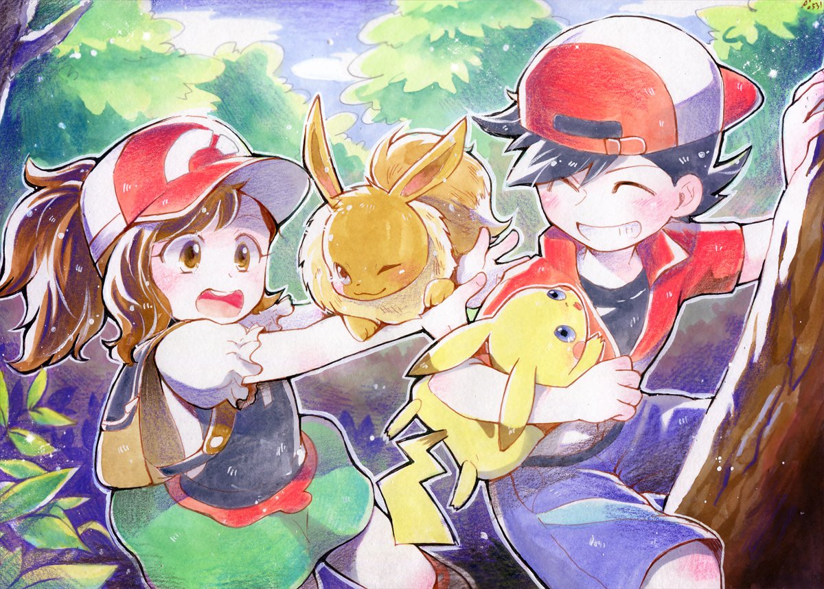 1boy 1girl ;3 backpack backwards_hat bag baseball_cap blue_shorts brown_eyes climbing_tree eevee female_protagonist_(pokemon_lgpe) gen_1_pokemon green_skirt grin hat holding holding_pokemon kipam looking_at_another male_protagonist_(pokemon_lgpe) pikachu pokemon pokemon_(creature) pokemon_lgpe shorts skirt smile tree