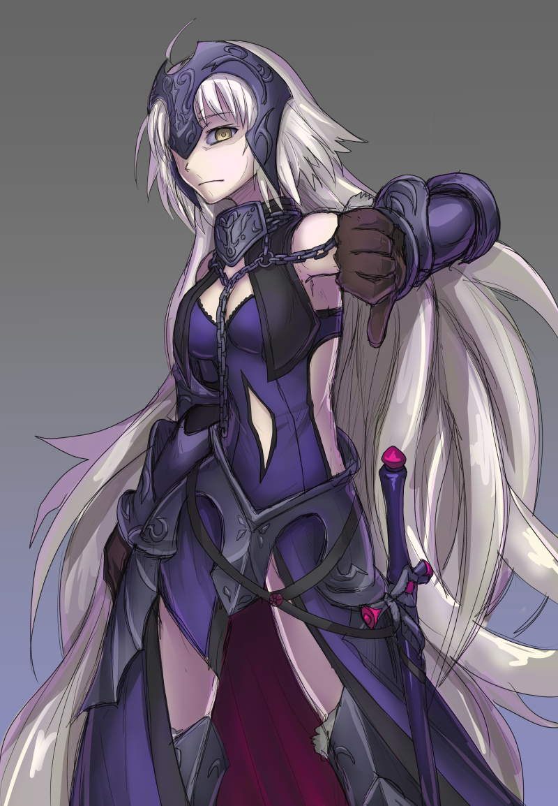 1girl armor armored_dress belt black_armor black_dress boots breasts brown_gloves chains dress fate/grand_order fate_(series) faulds frown fur_trim gauntlets gloves gradient gradient_background greaves headpiece jeanne_d'arc_(alter)_(fate) jeanne_d'arc_(fate)_(all) long_hair purutoppu_(toranohige) sheath sheathed silver_hair solo sword thigh-highs thigh_boots thighs thumbs_down very_long_hair weapon yellow_eyes
