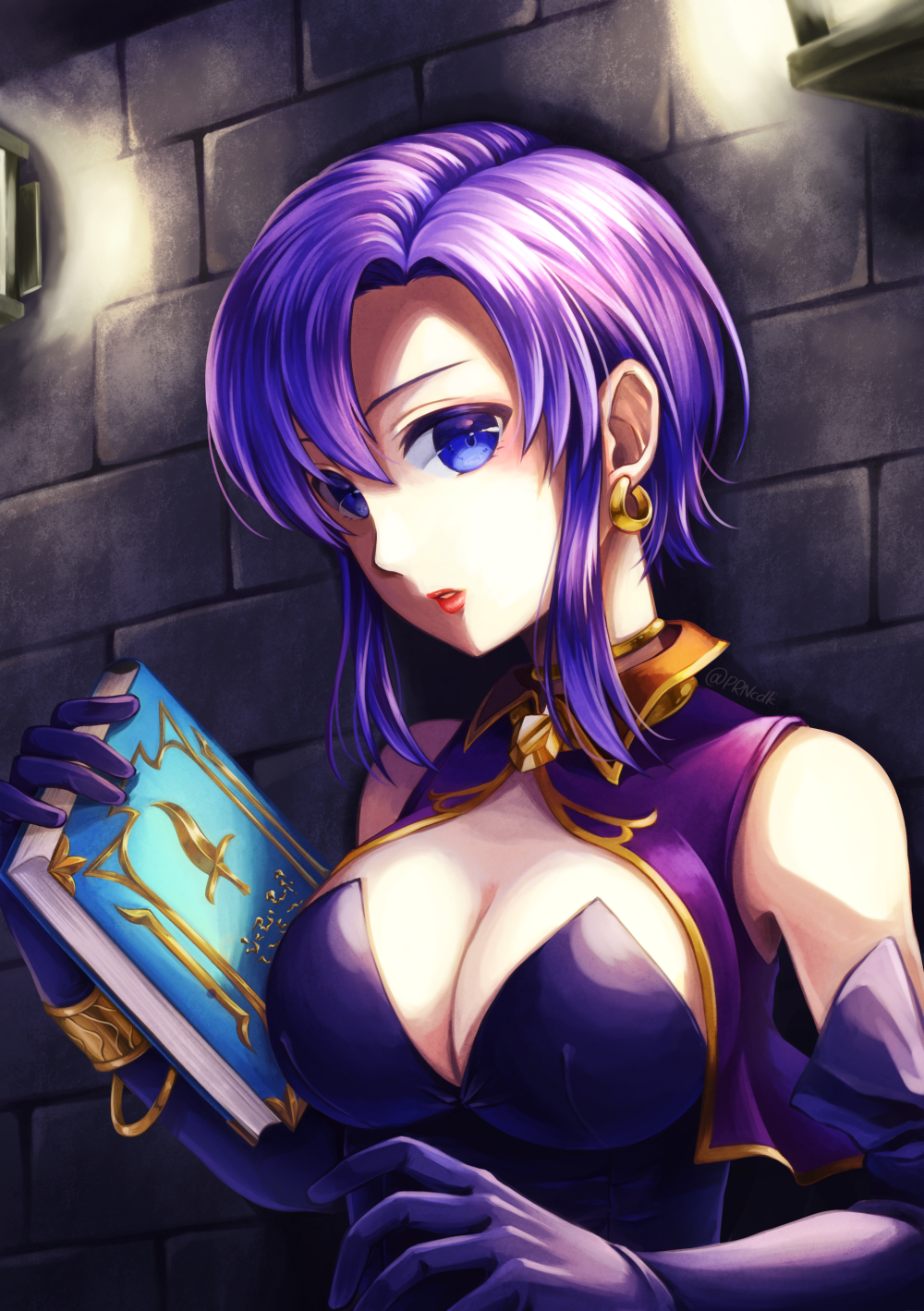 1girl artist_name bangle bare_shoulders blue_eyes book bracelet breasts brick_wall choker cleavage earrings elbow_gloves fire_emblem fire_emblem:_rekka_no_ken gloves highres holding holding_book jewelry large_breasts parune_chigetsu purple_hair short_hair signature solo twitter_username ursula_(fire_emblem) violet_eyes