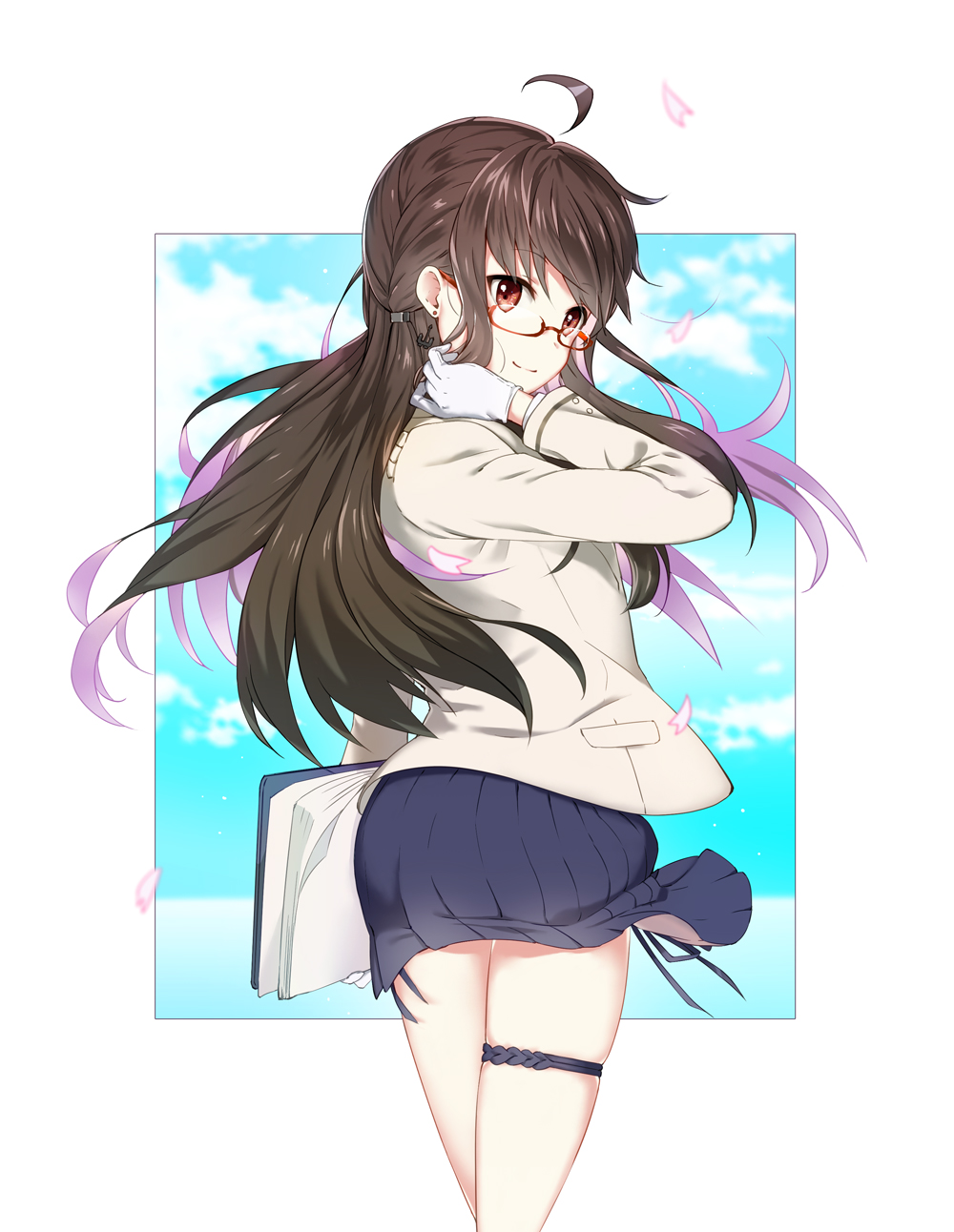 1girl azur_lane bangs blue_skirt blurry book brown_hair closed_mouth clouds cloudy_sky commentary_request cowboy_shot from_behind glasses gloves hairclip hand_in_hair highres holding holding_book jacket london_(azur_lane) long_hair long_sleeves looking_at_viewer masoo outside_border petals pleated_skirt red-framed_eyewear red_eyes semi-rimless_eyewear side-tie_panties skindentation skirt sky smile solo standing thigh_strap under-rim_eyewear white_gloves white_jacket wind