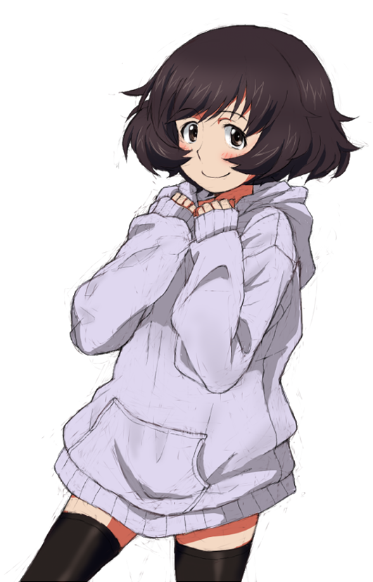 1girl akiyama_yukari brown_eyes brown_hair girls_und_panzer hood hoodie kayabakoro oversized_clothes sleeves_past_wrists solo thigh-highs white_background zettai_ryouiki