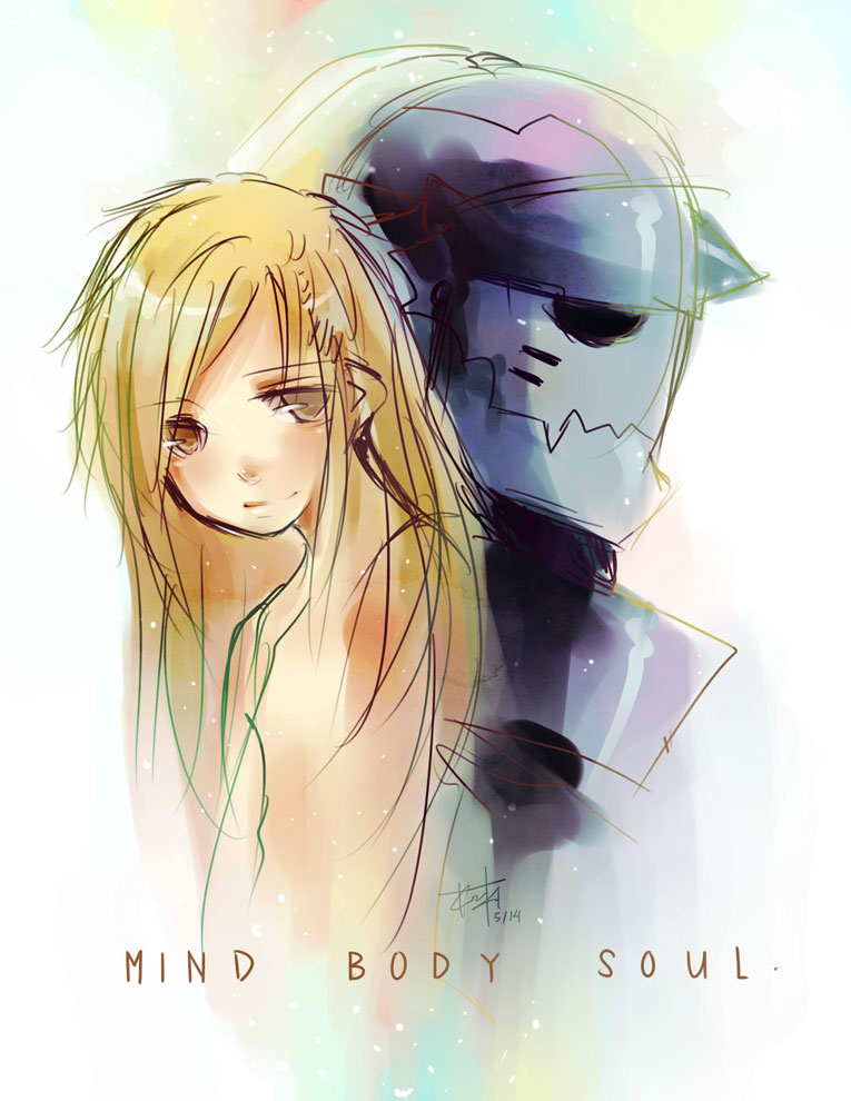 1boy alphonse_elric androgynous armor back-to-back blonde_hair brown_eyes commentary dated english english_commentary eyebrows_visible_through_hair fullmetal_alchemist helmet kaiami long_hair looking_away male_focus multicolored multicolored_background signature simple_background skinny smile text_focus white_background