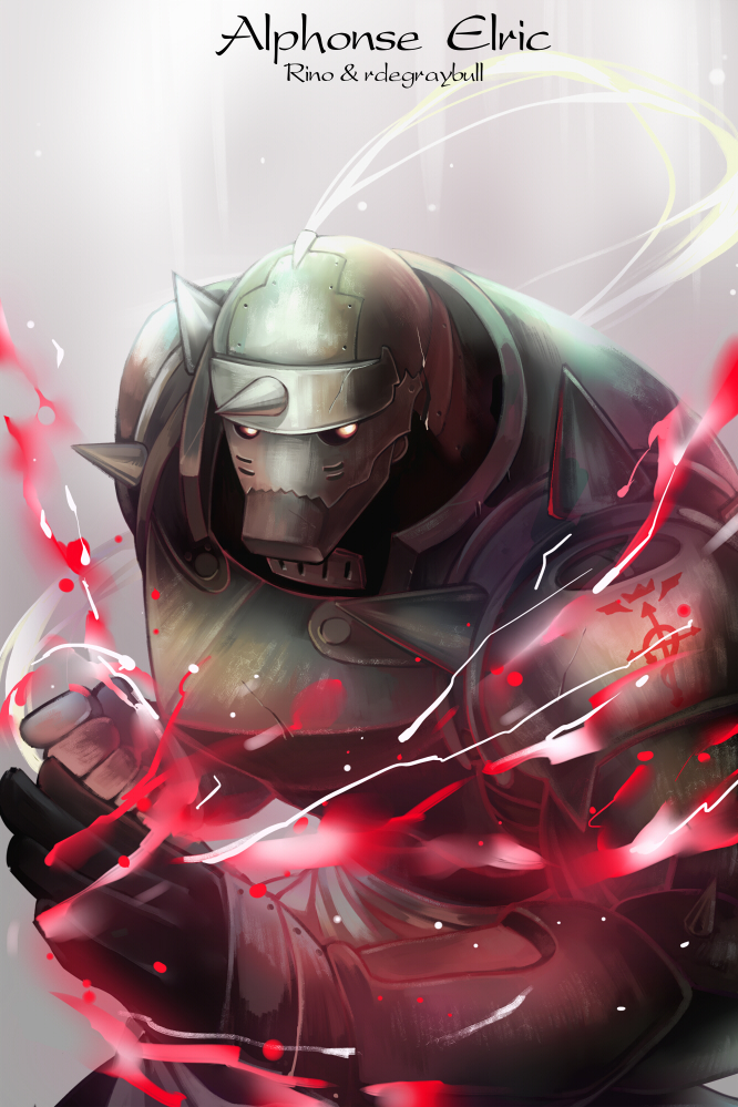 1boy alphonse_elric armor artist_name character_name commentary fighting_stance flamel_symbol fullmetal_alchemist gloves grey_background helmet looking_at_viewer male_focus red_eyes rino_(1992085710) simple_background white_background