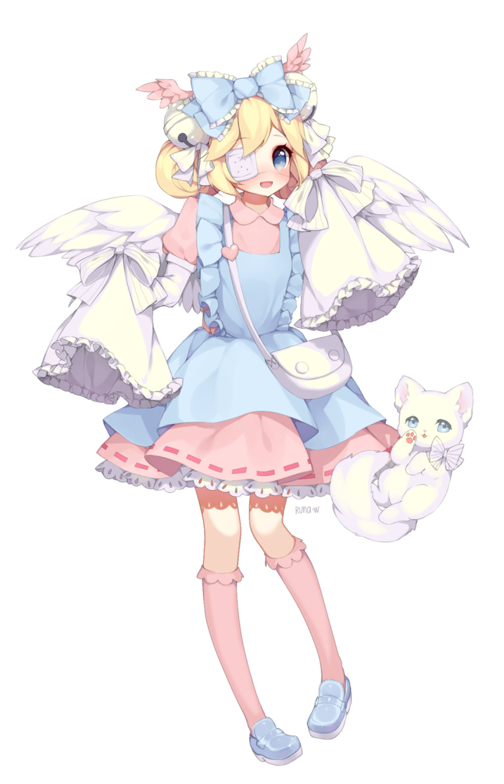 1girl angel_wings bangs bell blonde_hair blue_eyes bow cat commission cutesu_(cutesuu) double_bun dress eyepatch frilled_dress frills full_body long_sleeves maid original runastark wings