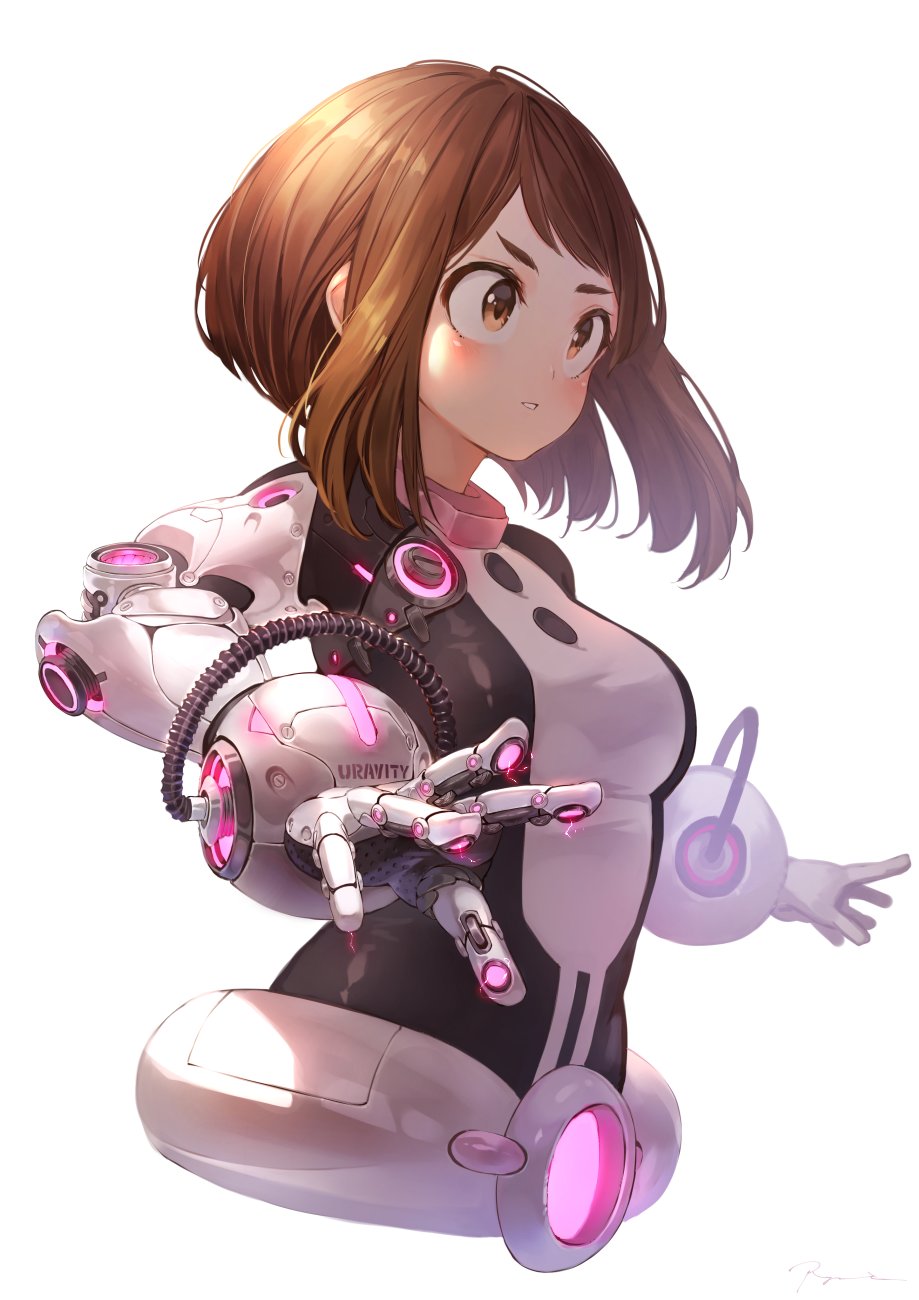 1girl bangs black_bodysuit blurry blush bodysuit boku_no_hero_academia bracer breasts brown_eyes brown_hair cropped_torso depth_of_field electricity gloves glowing hakura_kusa hands_up highres looking_away mechanical_arm medium_breasts medium_hair parted_lips shade sidelocks signature simple_background solo tube upper_body uraraka_ochako white_background white_belt white_bodysuit white_gloves