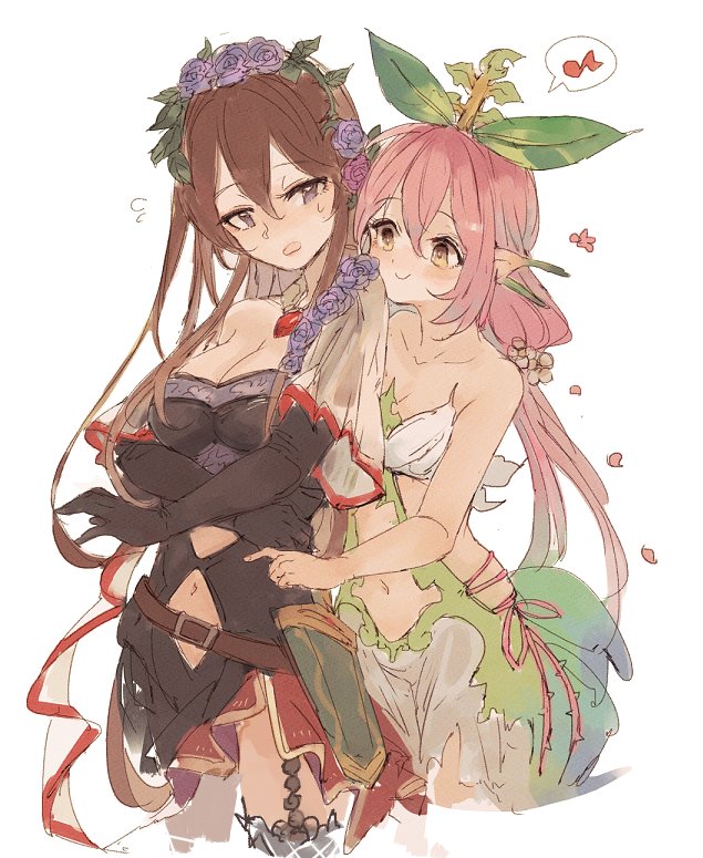 2girls bare_shoulders black_gloves blush bow breasts brown_hair cleavage collarbone commentary_request eighth_note elbow_gloves flower gloves granblue_fantasy hair_between_eyes hair_bow hair_ornament leaf_hair_ornament long_hair midriff multiple_girls musical_note open_mouth petals pink_flower pink_hair purple_flower purple_rose rose rosetta_(granblue_fantasy) spoken_musical_note thigh-highs wataichi_meko white_background yggdrasil_(granblue_fantasy)