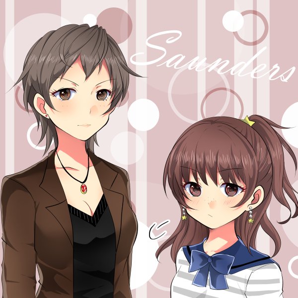 2girls alisa_(girls_und_panzer) alternate_hair_length alternate_hairstyle black_sweater blue_bow bow breasts brown_eyes brown_hair brown_jacket chikomayo cleavage closed_mouth commentary_request cursive earrings english eyebrows_visible_through_hair formal freckles frown girls_und_panzer grey_shirt hair_ornament jacket jewelry light_smile long_sleeves medium_breasts medium_hair multiple_girls naomi_(girls_und_panzer) necklace one_side_up pendant shirt short_hair sigh star star_earrings star_hair_ornament striped striped_shirt sweater v-neck very_short_hair