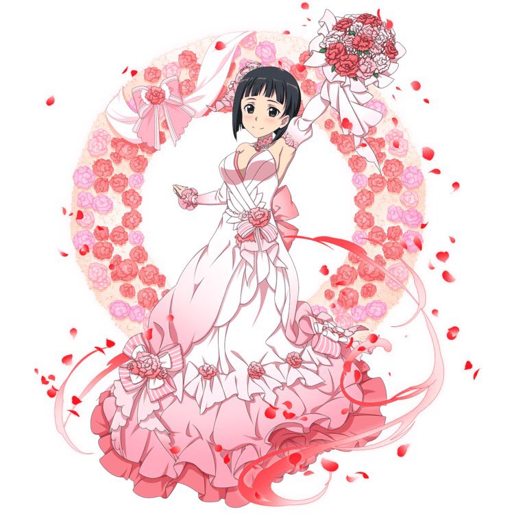 1girl arm_up armpits black_eyes black_hair blush bouquet breasts choker cleavage collarbone detached_sleeves dress flower full_body hair_flower hair_ornament holding holding_bouquet kirigaya_suguha long_dress looking_at_viewer medium_breasts petals pink_dress pink_flower pink_rose red_flower red_rose rose short_hair sideboob simple_background sleeveless sleeveless_dress smile solo standing strapless strapless_dress sword_art_online wedding_dress white_background