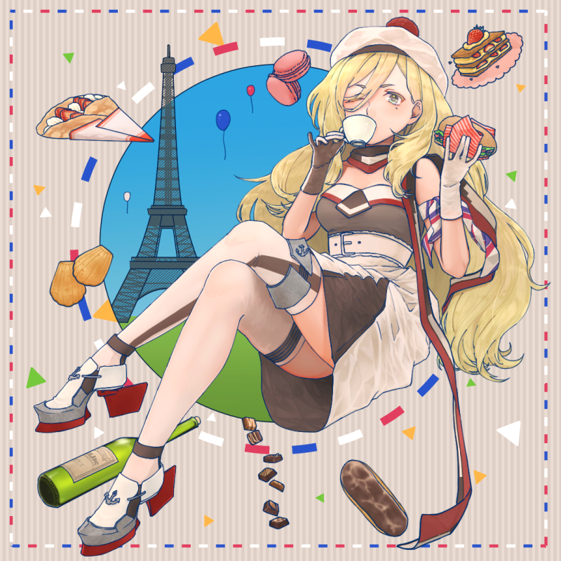 1girl balloon belt beret blonde_hair blue_eyes bottle breasts chocolates commentary crepe cup dress eclair_(food) eiffel_tower food gloves hachi_(hachi_hatch) hair_between_eyes hat kantai_collection long_hair macaron mole mole_under_eye mole_under_mouth multicolored multicolored_clothes multicolored_dress multicolored_gloves multicolored_legwear multicolored_scarf pom_pom_(clothes) richelieu_(kantai_collection) rudder_shoes scarf sitting solo strapless strapless_dress teacup wine_bottle