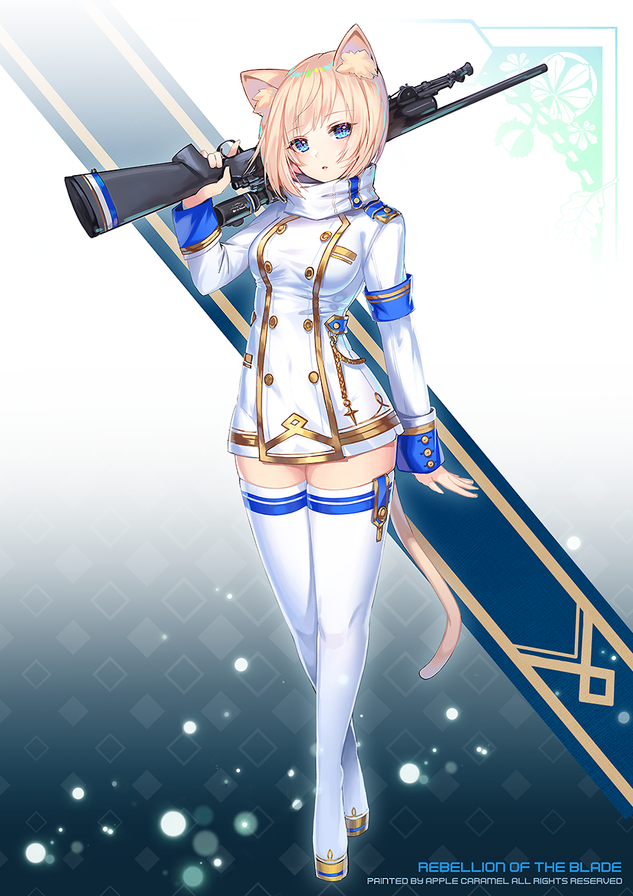 1girl animal_ears apple_caramel arm_up artist_name bangs blonde_hair blue_eyes boots cat_ears cat_girl cat_tail commentary_request dress eyebrows_visible_through_hair gun head_tilt highres holding holding_gun holding_weapon long_sleeves looking_at_viewer original over_shoulder parted_lips scope solo standing tail thigh-highs thigh_boots watermark weapon weapon_over_shoulder weapon_request white_dress white_footwear white_legwear