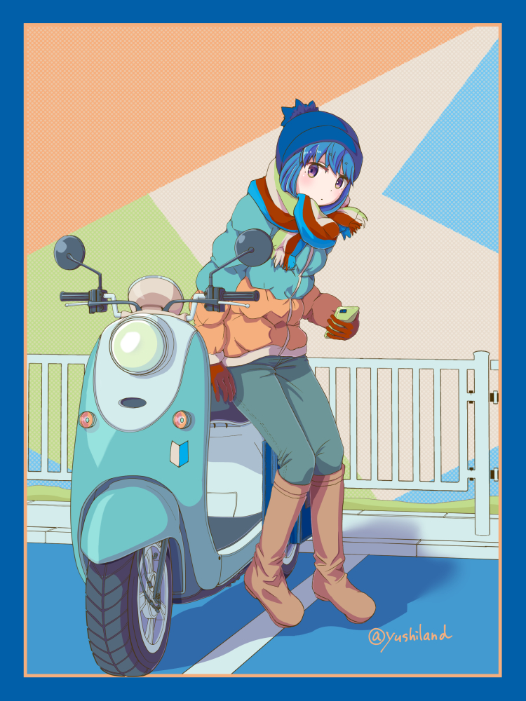 1girl blue_hair boots cellphone gloves ground_vehicle hat jacket knee_boots motor_vehicle phone scarf scooter shima_rin sitting smartphone solo violet_eyes winter_clothes yurucamp yusshii