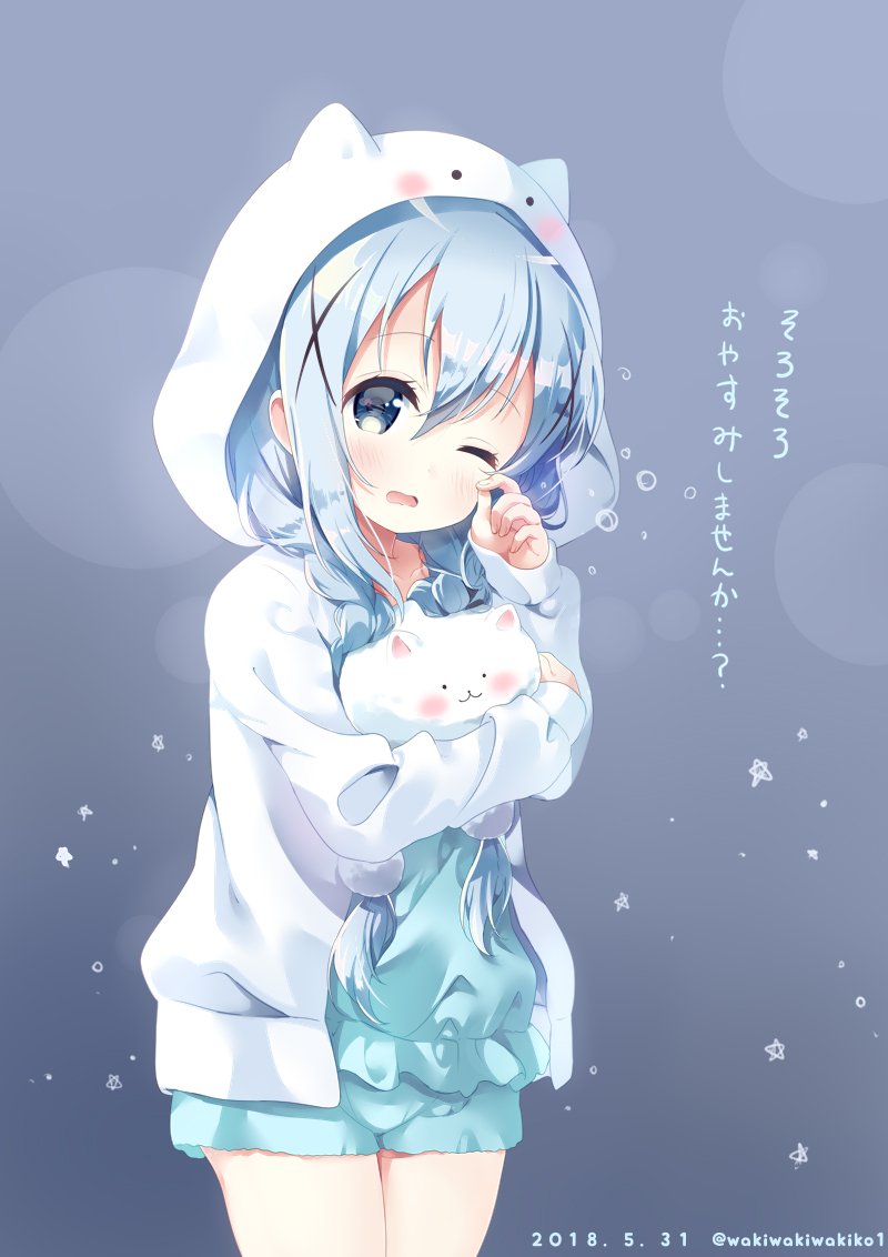 1girl angora_rabbit animal animal_hug arm_up bangs blue_eyes blue_hair blush braid collarbone commentary_request dated eyebrows_visible_through_hair fingernails gochuumon_wa_usagi_desu_ka? green_shirt green_shorts hair_between_eyes hair_ornament head_tilt hood hood_up hooded_jacket jacket kafuu_chino long_hair long_sleeves looking_at_viewer low_twintails neki_(wakiko) one_eye_closed open_clothes open_jacket parted_lips rabbit rubbing_eyes shirt short_shorts shorts sleepy sleeves_past_wrists tippy_(gochiusa) translated twin_braids twintails twitter_username very_long_hair white_jacket x_hair_ornament