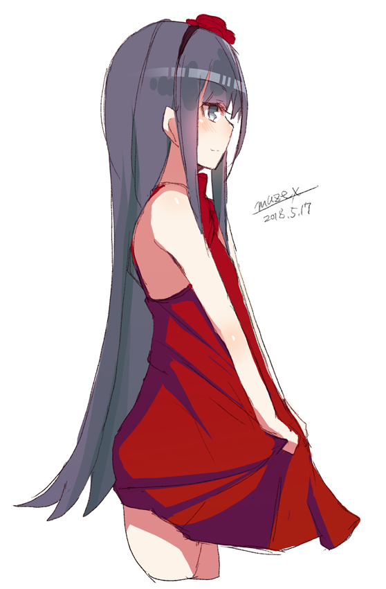 1girl bangs bare_arms bare_shoulders black_hair blush closed_mouth dated dress eyebrows_visible_through_hair flower grey_eyes hair_flower hair_ornament long_hair looking_away maze_(gochama_ze_gohan) original profile red_dress red_flower signature simple_background skirt_hold sleeveless sleeveless_dress smile solo very_long_hair white_background