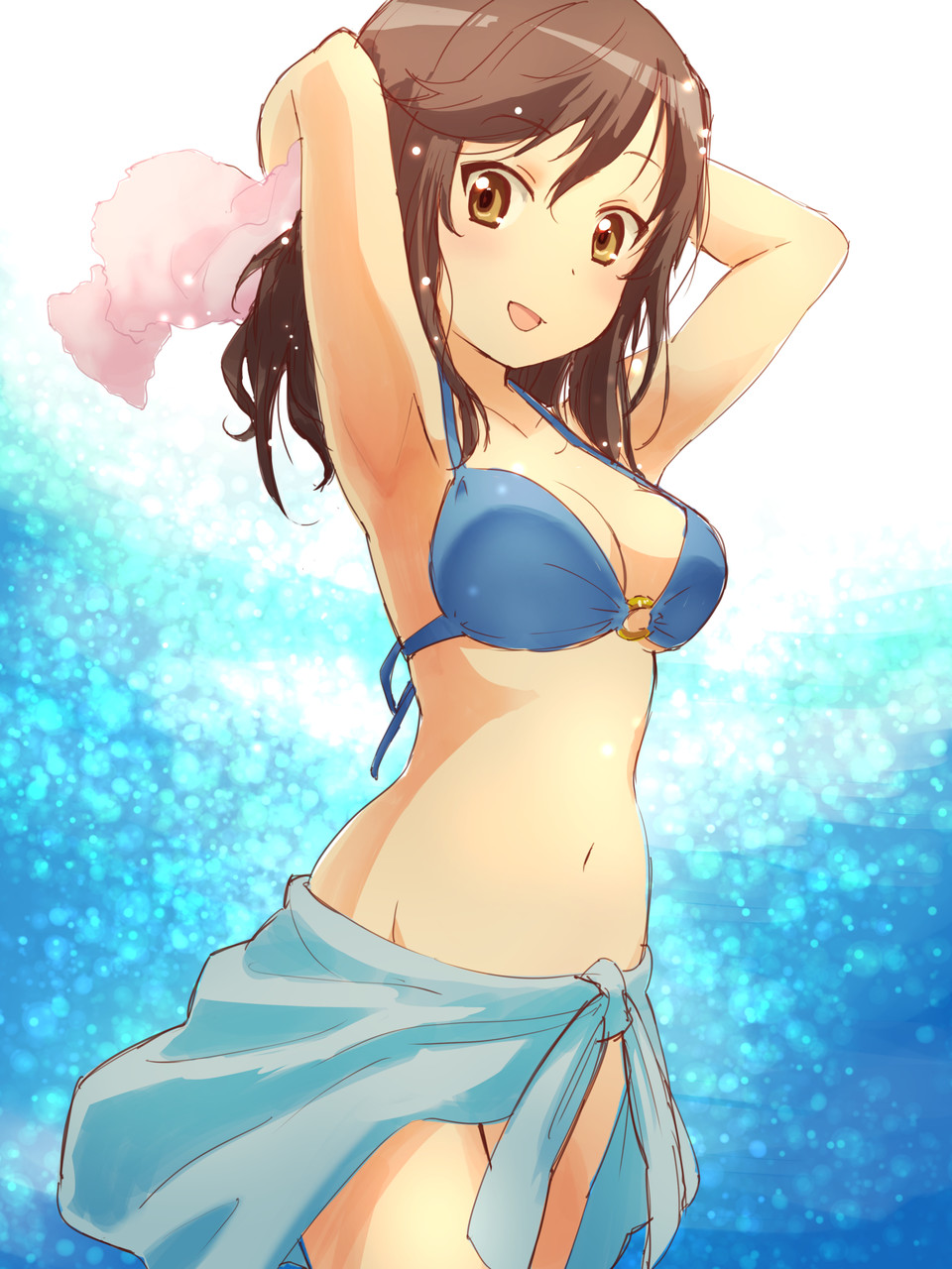 1girl :d arms_behind_head bikini blue_bikini breasts brown_eyes brown_hair cleavage commentary highres ichijou_hotaru medium_breasts navel non_non_biyori nyama o-ring_top open_mouth sarong smile solo swimsuit towel