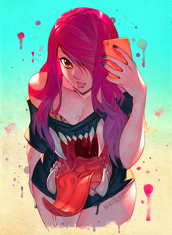 1girl :p arm_at_side artist_name black_shirt blood blood_splatter blue_nails breasts cleavage closed_mouth collarbone commentary cowboy_shot drooling extra_mouth gradient gradient_background hair_over_one_eye large_breasts leaning_forward legs_crossed long_hair looking_at_viewer monster_girl nail_polish nana_nakano no_pants off-shoulder_shirt open_mouth original pink_hair revision saliva self_shot sharp_teeth shirt short_sleeves sidelocks solo standing tareme teeth thighs tongue tongue_out torn_clothes torn_shirt white_shirt