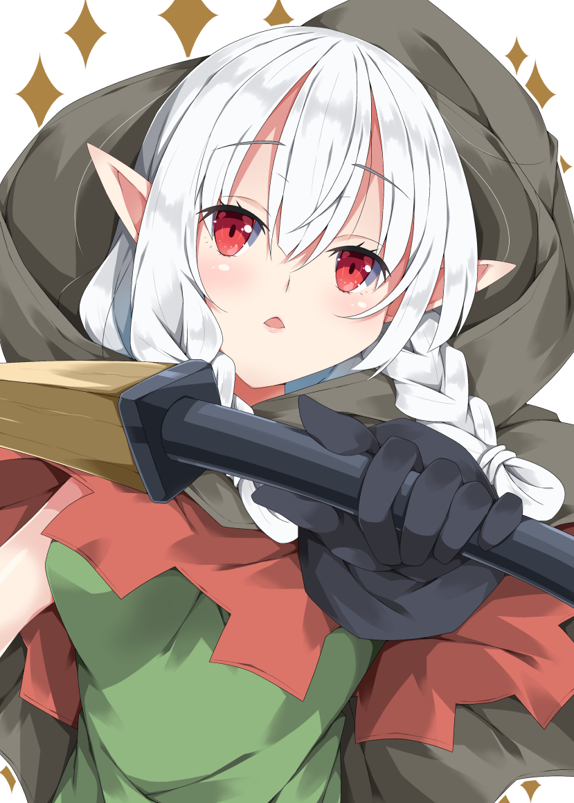 1girl bangs black_gloves blush braid breasts brown_cape cape commentary_request dragon's_crown elf elf_(dragon's_crown) eyebrows_visible_through_hair gloves green_shirt hair_between_eyes head_tilt holding hood hood_down hooded_cape long_hair looking_at_viewer low_twintails medium_breasts milkpanda outstretched_arm parted_lips pointy_ears red_eyes shirt silver_hair simple_background sleeveless sleeveless_shirt solo sparkle twin_braids twintails white_background