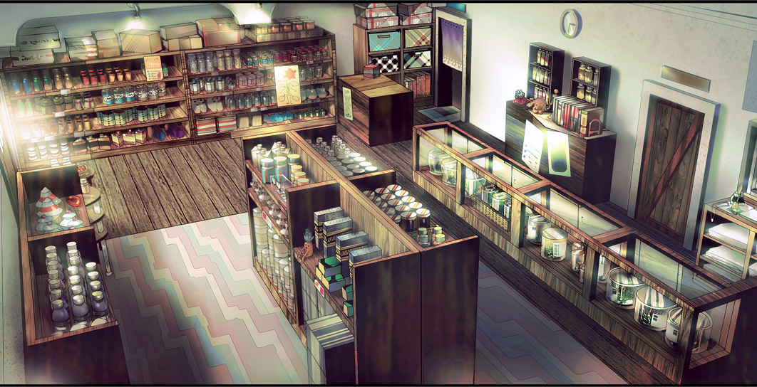 box commentary_request convenience_store door glass indoors no_humans pharmacy shelf shop star_ocean star_ocean_the_second_story tanokura_mon window