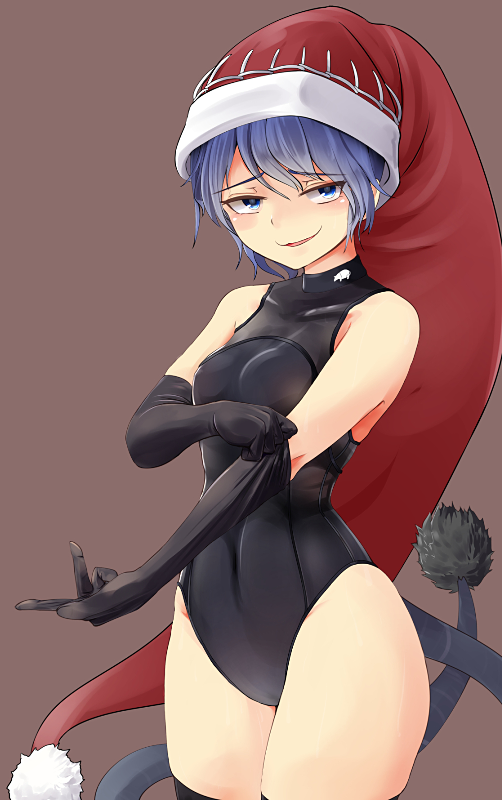 1girl black_gloves black_swimsuit blue_eyes blue_hair brown_background competition_swimsuit cowboy_shot doremy_sweet elbow_gloves gloves hat highres nama_shirasu nightcap one-piece_swimsuit pom_pom_(clothes) short_hair simple_background solo standing swimsuit touhou turtleneck