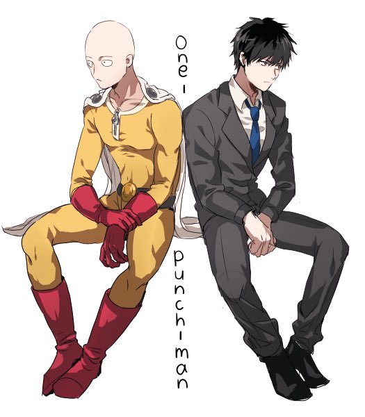 2boys bald black_hair blue_neckwear bodysuit boots business_suit cape commentary copyright_name dual_persona formal gloves kina58 long_sleeves multiple_boys necktie one-punch_man pants red_footwear red_gloves saitama_(one-punch_man) side-by-side sitting suit white_background white_cape yellow_bodysuit