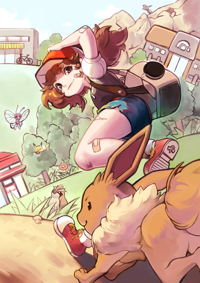 1girl apple bag bandaid bicycle bird black_shirt blue_shorts blush_stickers brown_eyes brown_hair butterfree cameo closed_mouth commentary_request creature eevee female_protagonist_(pokemon_lgpe) flying food fruit gen_1_pokemon grass ground_vehicle hand_on_headwear highres mountain onix onix_(cameo) pidgey pikachu pokemon pokemon_(creature) pokemon_(game) pokemon_center pokemon_lgpe pokemon_trainer running shirt shoes short_sleeves shorts smile tb_(lycoris13) weedle