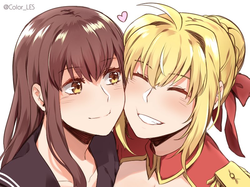 2girls ahoge bangs blonde_hair blush braid brown_eyes brown_hair cheek-to-cheek closed_eyes color-les commentary english_commentary fate/extra fate_(series) grin hair_ribbon heart kishinami_hakuno_(female) long_hair looking_at_another multiple_girls nero_claudius_(fate) nero_claudius_(fate)_(all) portrait red_ribbon ribbon smile twitter_username white_background yuri
