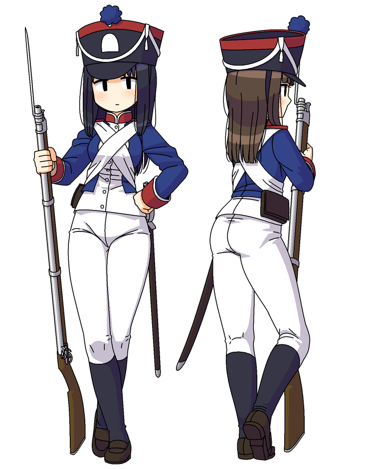 2girls antique_firearm bayonet black_eyes black_hair blue_jacket brown_hair contrapposto crossed_ankles crossed_belts epaulettes firearm firelock flintlock gun hand_on_hip hat holding holding_gun holding_weapon jacket leaning_on_object long_hair maruput military military_uniform multiple_girls musket original pants red_collar shako_cap sheath sheathed shoes shoulder_belt socks standing standing_on_one_leg sword uniform weapon white_background