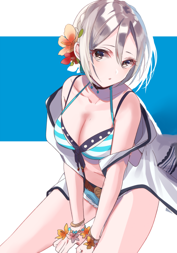 1girl :o bangs bare_shoulders between_legs bikini_top blue_background blue_shorts bracelet breasts brown_eyes cleavage collarbone cutoffs denim denim_shorts flower hair_between_eyes hair_flower hair_ornament hand_between_legs idolmaster idolmaster_cinderella_girls jewelry medium_breasts misumi_(macaroni) off_shoulder orange_flower otokura_yuuki parted_lips red_flower short_hair short_shorts shorts silver_hair sitting solo striped striped_bikini_top two-tone_background vest white_background white_vest