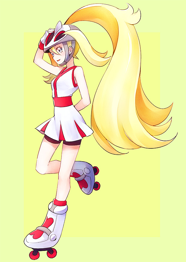 1girl bicycle_helmet blonde_hair breasts dress full_body gloves gym_leader hand_on_headwear helmet koruni_(pokemon) kurochiroko looking_at_viewer pokemon pokemon_(game) pokemon_xy roller_skates short_dress skates sleeveless sleeveless_dress small_breasts smile solo white_dress white_gloves yellow_background