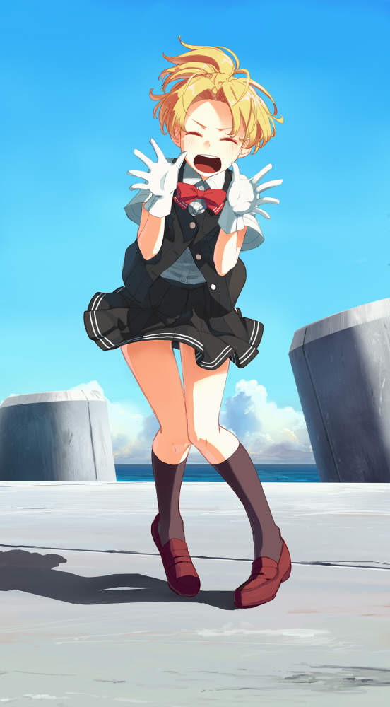 1girl bangs black_legwear blonde_hair blouse blue_sky closed_eyes clouds day facing_viewer full_body gloves horizon kantai_collection kneehighs loafers maikaze_(kantai_collection) neck_ribbon open_mouth outdoors parted_bangs pleated_skirt ponytail red_ribbon ribbon school_uniform scrunchie shoes short_ponytail skirt sky smile solo standing takuzui vest white_blouse white_gloves