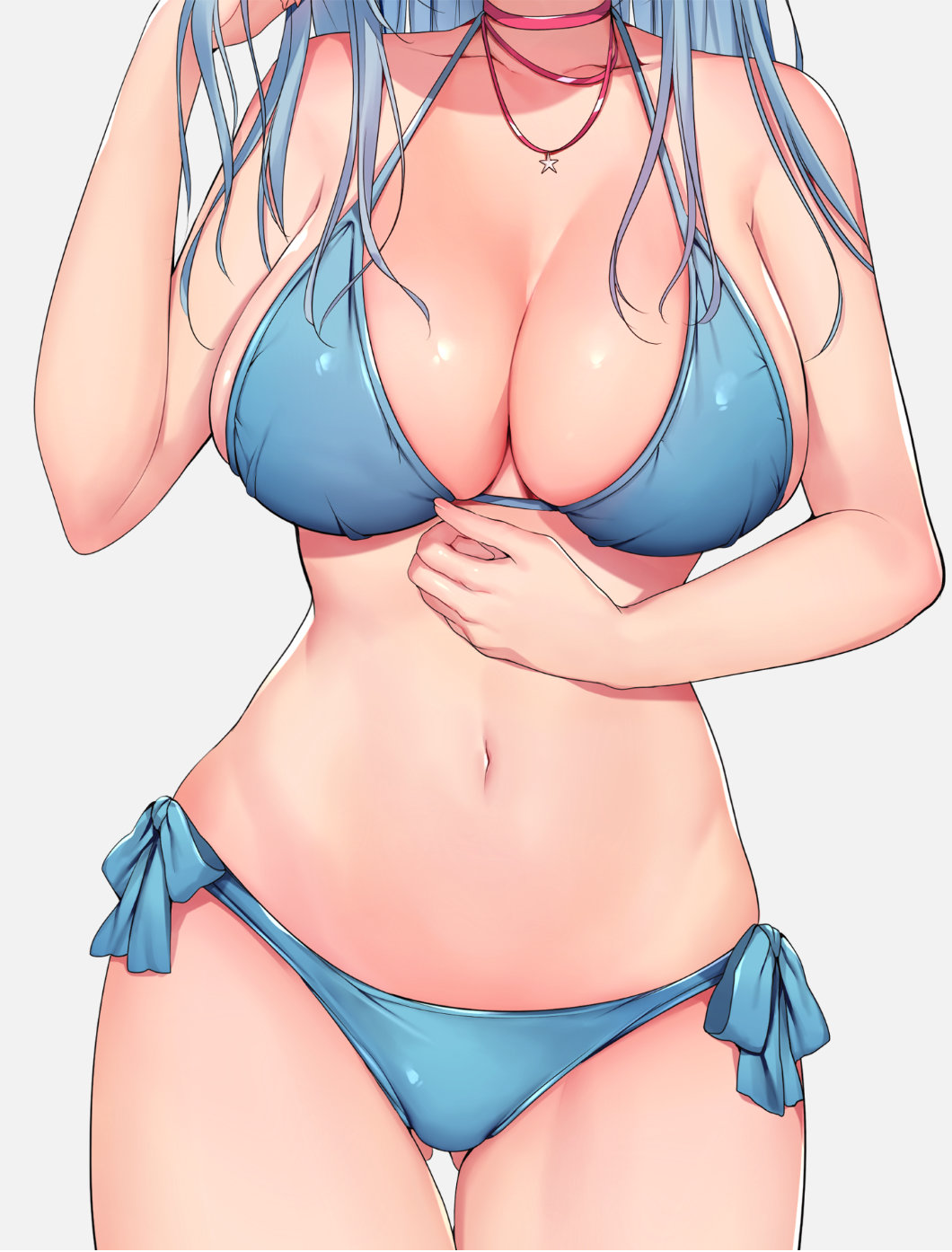 1girl bikini blue_bikini blue_hair breasts choker cleavage collarbone head_out_of_frame highres jewelry large_breasts long_hair navel necklace saitou_masatsugu side-tie_bikini simple_background solo star star_necklace swimsuit white_background