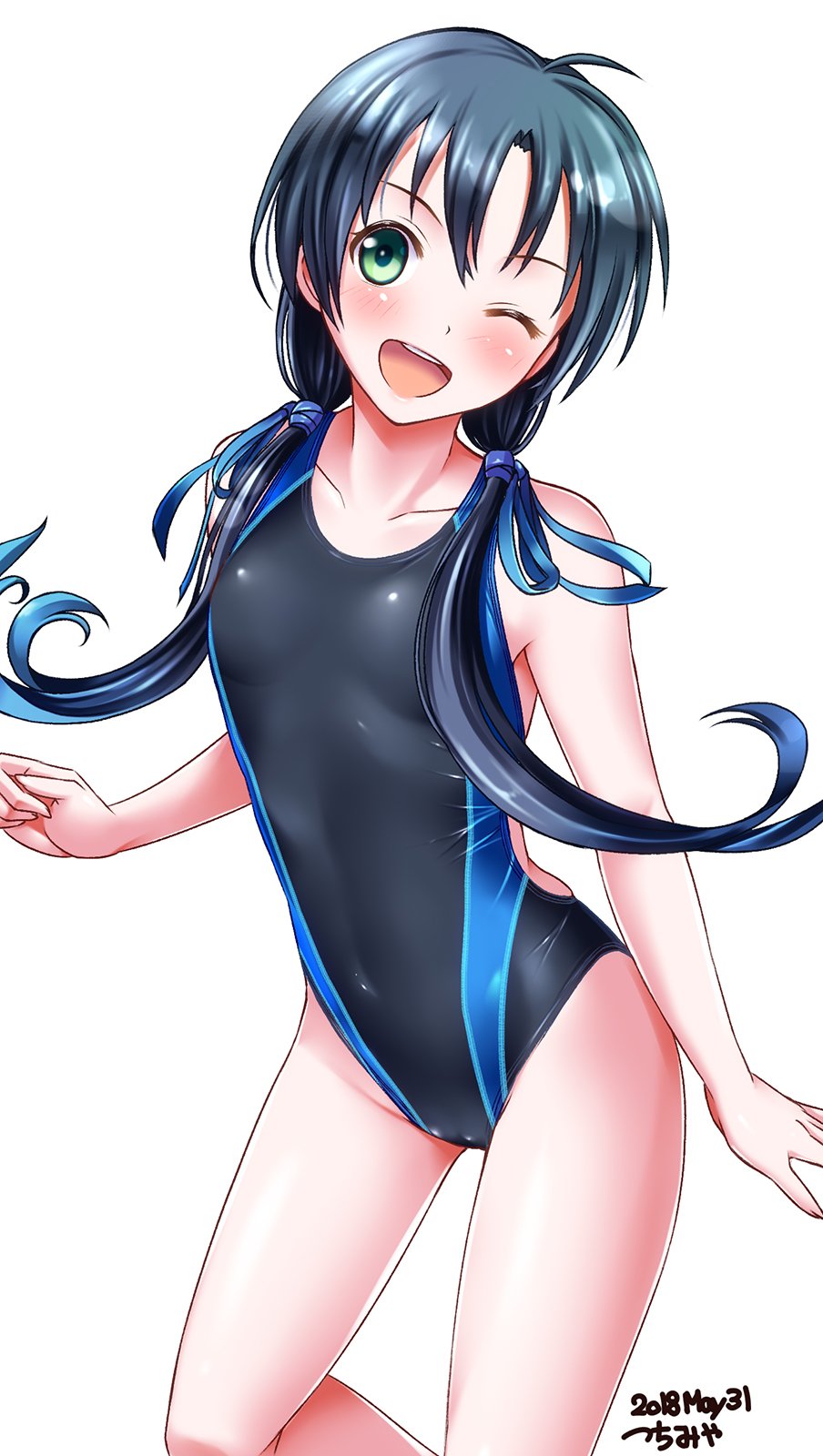 1girl ;d artist_name black_swimsuit blue_hair competition_swimsuit cowboy_shot dated flat_chest green_eyes highres kantai_collection long_hair looking_at_viewer low_twintails one-piece_swimsuit one_eye_closed open_mouth ribbon simple_background smile solo suzukaze_(kantai_collection) swimsuit tsuchimiya twintails white_background