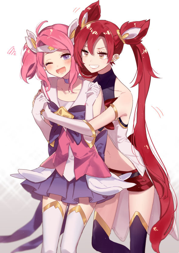 2girls ;d armlet gloves hair_ornament hug jinx_(league_of_legends) league_of_legends long_hair luxanna_crownguard magical_girl manio multiple_girls navel one_eye_closed open_mouth pink_hair purple_hair red_eyes redhead shorts simple_background sleeveless smile star_guardian_jinx star_guardian_lux thigh-highs twintails very_long_hair white_background yuri