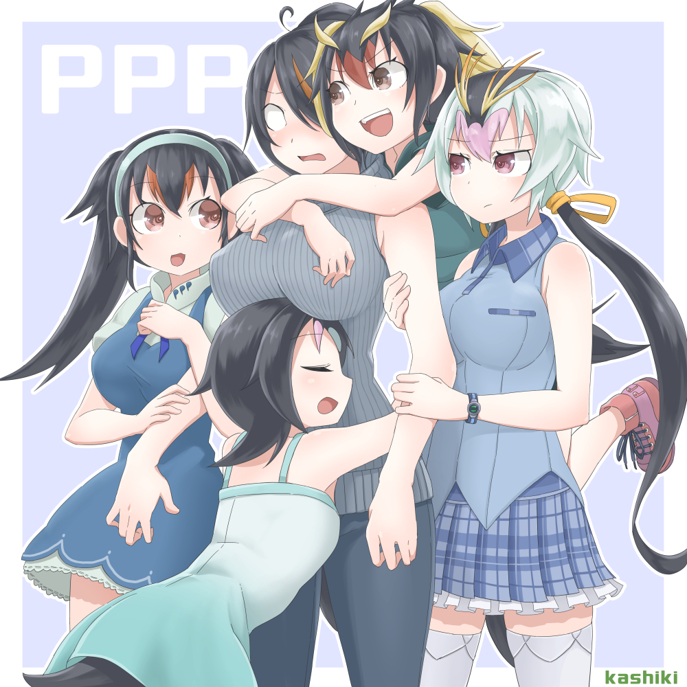 5girls alternate_costume black_hair blonde_hair blush casual closed_eyes collared_vest commentary dress emperor_penguin_(kemono_friends) everyone eyebrows_visible_through_hair frilled_skirt frills gentoo_penguin_(kemono_friends) group_hug hair_over_one_eye hair_tie hanging_on_arm headphones hug hug_from_behind humboldt_penguin_(kemono_friends) kemono_friends kurosawa_(kurosawakyo) long_hair multicolored_hair multiple_girls nose_blush pants penguin_tail penguins_performance_project_(kemono_friends) pink_hair plaid plaid_skirt pleated_skirt redhead rockhopper_penguin_(kemono_friends) royal_penguin_(kemono_friends) short_hair short_sleeves skirt tail tank_top thigh-highs twintails watch white_hair zettai_ryouiki