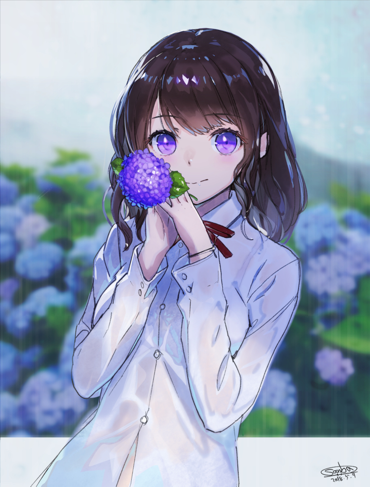 1girl bangs blurry blurry_background blush bra_through_clothes breasts brown_hair closed_mouth collared_shirt commentary_request depth_of_field eyebrows_visible_through_hair flower gloves hands_up holding holding_flower hydrangea long_hair long_sleeves looking_at_viewer medium_breasts original purple_gloves rain revision sanbasou school_uniform see-through shirt signature smile solo violet_eyes wet wet_clothes wet_shirt white_shirt