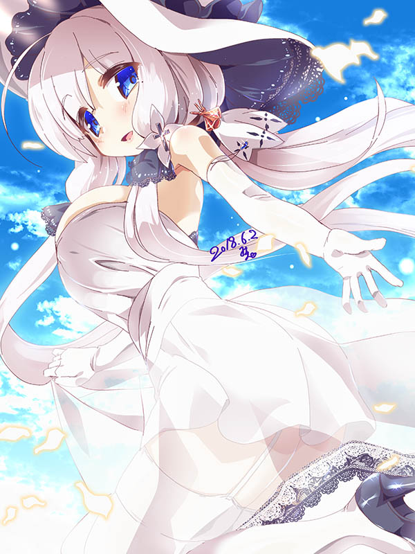 1girl 2018 :d ahoge azur_lane bangs bare_shoulders black_footwear blue_eyes blue_sky breasts clouds cross dated day dress dress_lift elbow_gloves eyebrows eyebrows_visible_through_hair floating_hair flower garter_straps gloves hair_flower hair_ornament hat high_heels illustrious_(azur_lane) large_breasts leg_up lifted_by_self light_particles long_hair low_twintails miuku_(marine_sapphire) mole mole_under_eye open_mouth outdoors petals sky smile solo sun_hat thigh-highs tongue twintails white_dress white_flower white_gloves white_hair white_hat white_legwear