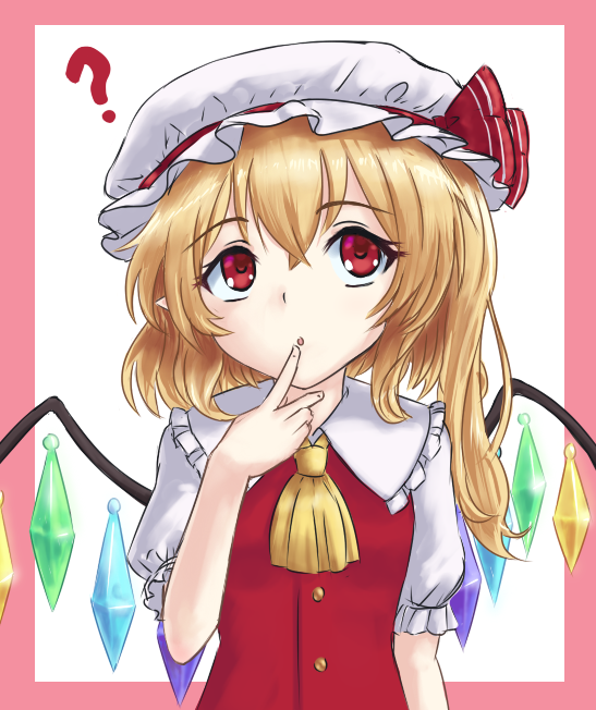 1girl ? arm_at_side arm_up bangs blonde_hair commentary cravat crystal eyebrows_visible_through_hair finger_to_mouth flandre_scarlet hair_between_eyes hat hat_ribbon head_tilt looking_up mob_cap nepples pink_border puffy_short_sleeves puffy_sleeves red_eyes red_vest ribbon shirt short_hair short_sleeves side_ponytail simple_background sketch solo touhou upper_body vest white_background white_shirt wings yellow_neckwear