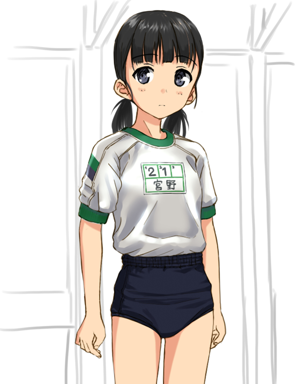 1girl black_eyes black_hair blue_buruma buruma cowboy_shot flat_chest gym_uniform looking_at_viewer name_tag original shirt short_hair solo standing t-shirt takafumi twintails white_shirt