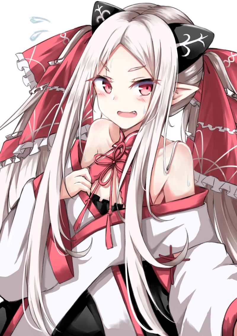 1girl bare_shoulders blush bow copyright_request detached_sleeves fang flying_sweatdrops hakuya_(white_night) large_bow long_hair looking_at_viewer pointy_ears red_bow red_eyes red_ribbon ribbon simple_background solo sweat sweatdrop wavy_mouth white_background white_hair