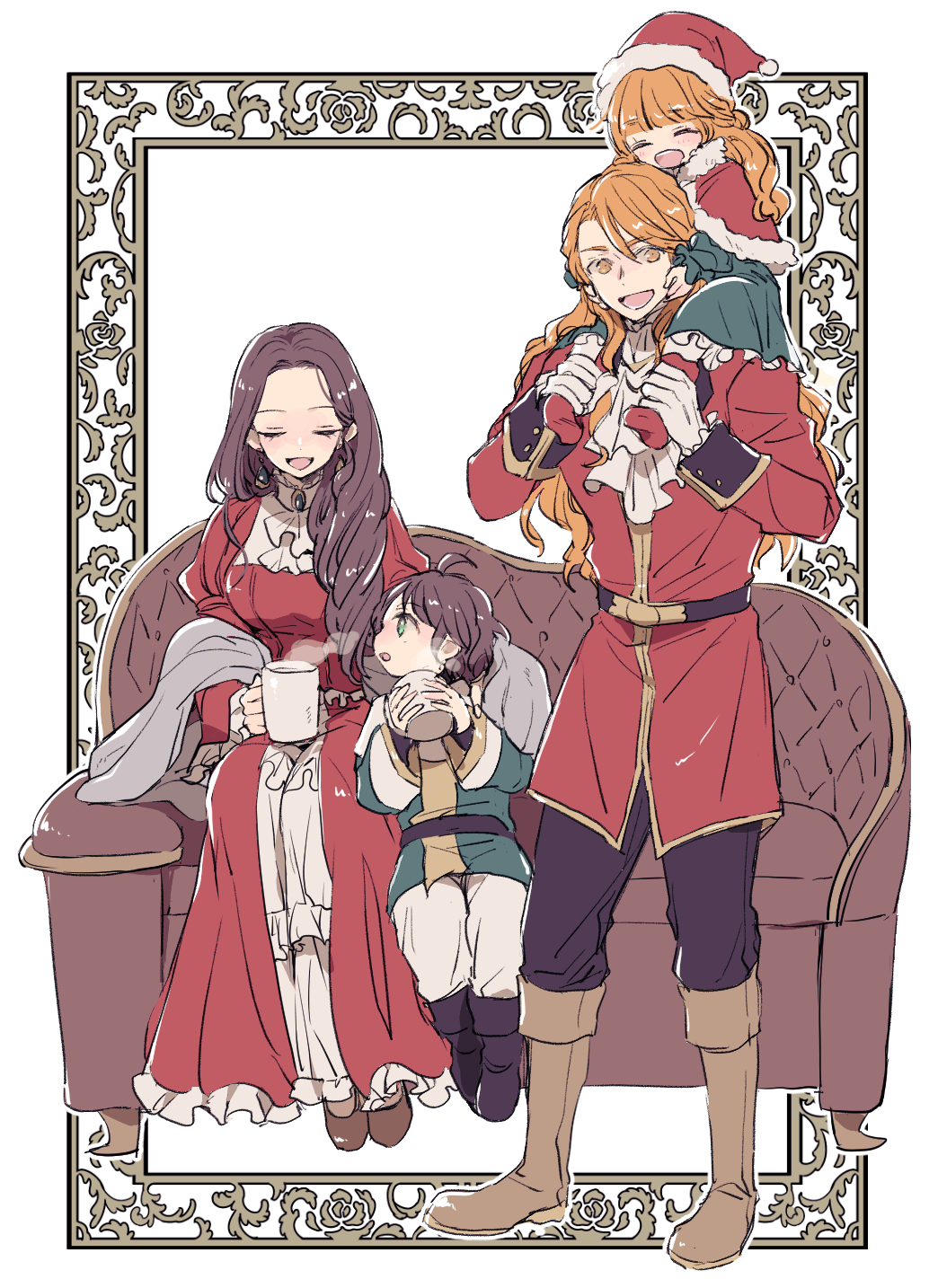 2boys 2girls :d ascot boots brown_hair carrying closed_eyes couch dorothea_arnault dress family father_and_daughter ferdinand_von_aegir fire_emblem fire_emblem:_three_houses full_body happy highres if_they_mated indoors long_hair mother_and_son multiple_boys multiple_girls orange_eyes orange_hair piggyback red_dress sitting smile standing tenjin_(ahan)