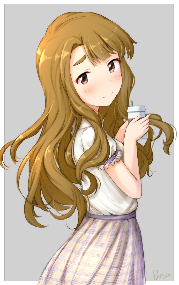 1girl artist_name bangs basa_rutan blush brown_eyes brown_hair cup disposable_cup drinking_straw from_side grey_background holding holding_cup idolmaster idolmaster_million_live! long_hair looking_at_viewer looking_to_the_side miyao_miya outside_border plaid plaid_skirt shirt short_sleeves simple_background skirt smile solo standing