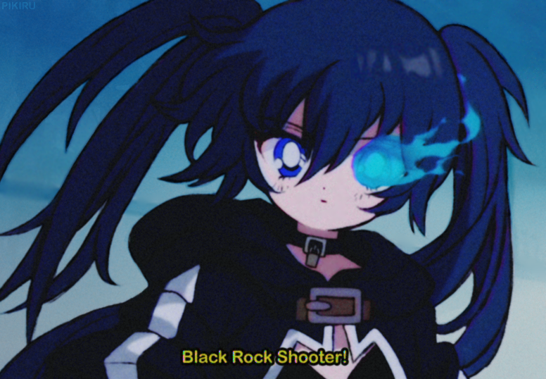 1girl 90s :o bangs black_bikini_top black_choker black_jacket black_rock_shooter black_rock_shooter_(character) blue_eyes blue_fire blue_hair blue_sky blush buckle burning_eye choker commentary commentary_request day dot_nose english english_commentary eyebrows_visible_through_hair eyelashes eyes_visible_through_hair fake_screenshot film_grain fire flame glowing glowing_eye hair_between_eyes hood hood_down hooded_jacket jacket lock long_hair long_sleeves looking_at_viewer open_clothes open_jacket open_mouth outdoors padlock pale_skin parted_lips pikiru single_vertical_stripe sky solo subtitled takeuchi_naoko_(style) twintails uneven_twintails upper_body vhs_artifacts white_pupils