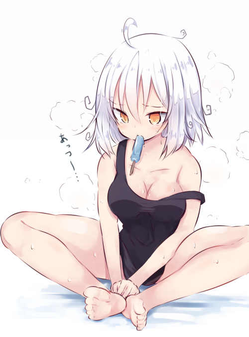 1girl bangs bare_arms bare_legs bare_shoulders barefoot beni_shake between_legs black_tank_top breasts cleavage closed_mouth collarbone commentary_request eyebrows_visible_through_hair fate/apocrypha fate/grand_order fate_(series) food food_in_mouth hair_between_eyes hand_between_legs jeanne_d'arc_(alter)_(fate) jeanne_d'arc_(fate)_(all) looking_away looking_down medium_breasts mouth_hold orange_eyes popsicle short_hair silver_hair sitting solo steam strap_slip sweat white_background