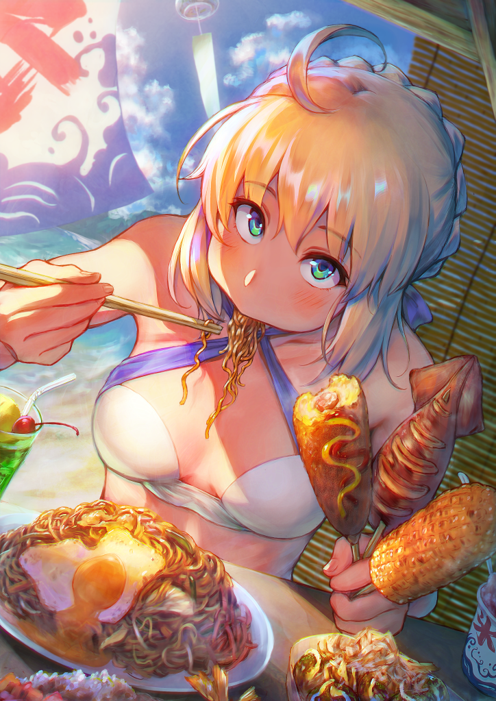 1girl ahoge artoria_pendragon_(all) bikini bikini_top blonde_hair blue_sky blurry blush braid breasts cherry chopsticks cleavage clouds corn corndog cup depth_of_field drinking_straw eating egg egg_yolk fate/stay_night fate_(series) food fruit green_eyes hangetsuban_sonshou ikayaki looking_at_viewer noodles pixiv_fate/grand_order_contest_2 plate saber sky solo squid upper_body wind_chime