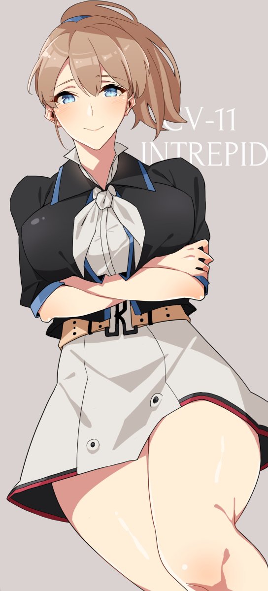 1girl asakawa_(outeq) belt black_shirt blue_eyes blue_scrunchie blush breast_hold breasts brown_hair closed_mouth cowboy_shot crossed_arms eyebrows_visible_through_hair hair_between_eyes hair_tie highres intrepid_(kantai_collection) kantai_collection large_breasts long_hair looking_at_viewer neckerchief ponytail shirt short_sleeves simple_background skirt smile solo white_neckwear white_shirt white_skirt