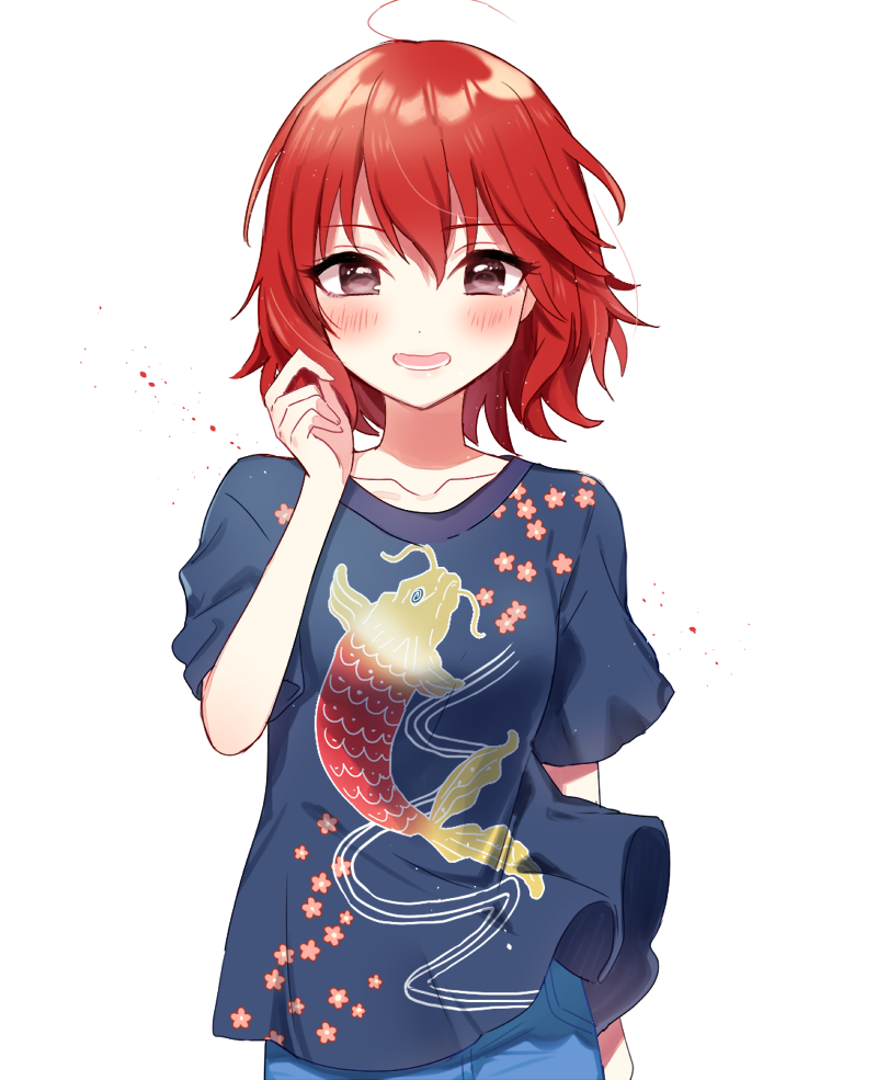 1girl animal_print arm_behind_back bangs blue_shirt blush brown_eyes collarbone commentary_request eyebrows_visible_through_hair fish_print hand_up hat idolmaster idolmaster_cinderella_girls idolmaster_cinderella_girls_starlight_stage looking_at_viewer manio murakami_tomoe open_mouth print_shirt redhead revision shirt short_hair short_sleeves solo standing t-shirt white_background wind