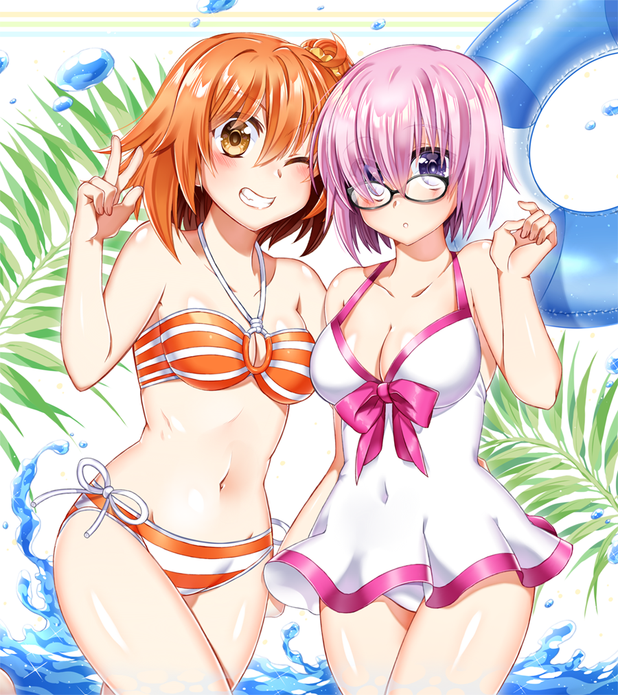 2girls ahoge bikini breasts casual_one-piece_swimsuit cleavage cowboy_shot fate/grand_order fate_(series) fujimaru_ritsuka_(female) glasses grin hago hair_ornament hair_over_one_eye hair_scrunchie innertube leaf looking_at_viewer mash_kyrielight medium_breasts multiple_girls o-ring_top one-piece_swimsuit one_eye_closed orange_bikini orange_eyes orange_hair purple_hair scrunchie short_hair side-tie_bikini side_ponytail smile striped striped_bikini swimsuit swimsuit_of_perpetual_summer v violet_eyes water white_swimsuit