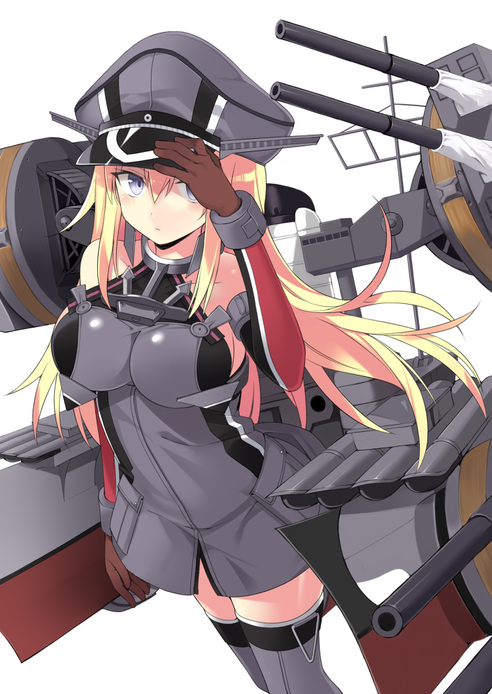 1girl anchor bare_shoulders bismarck_(kantai_collection) blonde_hair blue_eyes breasts brown_gloves cannon cleavage closed_mouth collarbone commentary_request cowboy_shot detached_sleeves eyebrows_visible_through_hair gloves grey_legwear hair_between_eyes hat kantai_collection kuhotaka large_breasts long_hair looking_at_viewer machinery military military_hat military_uniform peaked_cap rigging simple_background sleeveless solo thigh-highs turret uniform zettai_ryouiki