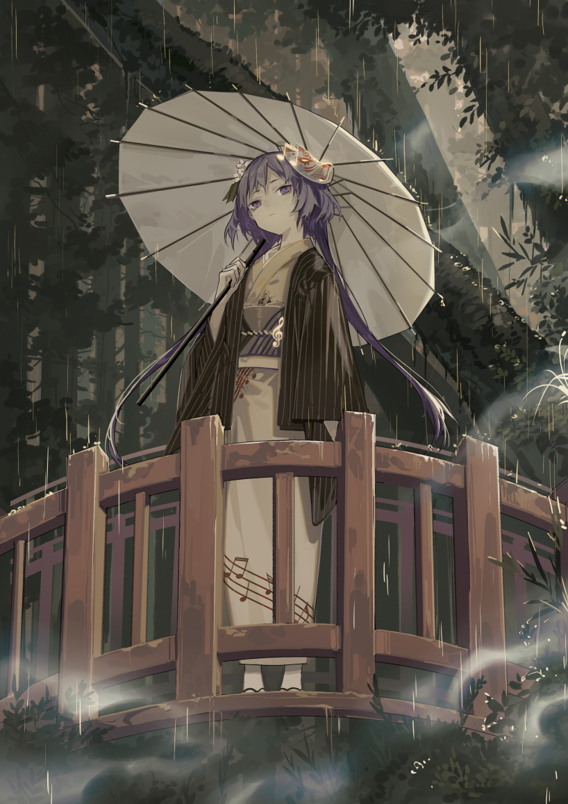 1girl arm_at_side arm_up azling beamed_sixteenth_notes bridge daisy eighth_note flower fox_mask frown hair_flower hair_ornament haori head_tilt holding holding_umbrella japanese_clothes kimono lavender_hair looking_at_viewer mask musical_note musical_note_print musical_staff_print obi oriental_umbrella outdoors quarter_note rain sash short_hair solo standing thirty-second_note touhou treble_clef tree tsukumo_benben umbrella violet_eyes