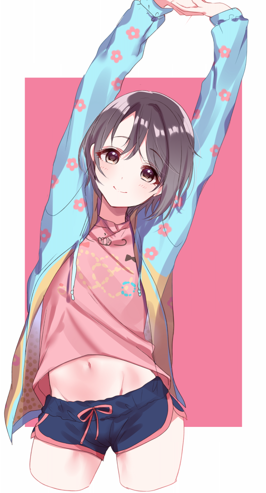 1girl arms_up bare_legs blue_jacket blue_shorts blush bow bow_print brown_eyes brown_hair circle closed_mouth contrapposto cowboy_shot cropped_legs dotted_line eyes_visible_through_hair floral_print groin hair_between_eyes head_tilt heart idolmaster idolmaster_cinderella_girls interlocked_fingers jacket jewelry leaning_to_the_side long_sleeves looking_at_viewer lowleg lowleg_shorts misumi_(macaroni) navel open_clothes open_jacket otokura_yuuki pink_background pink_bow pink_shirt ring shirt short_hair short_shorts shorts smile solo standing stretch two-tone_background white_background